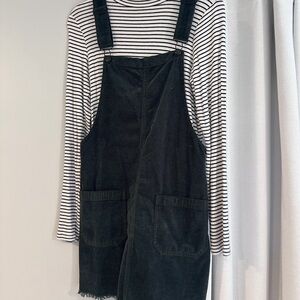 Dark Green Corduroy Overall Dress with Striped Turtleneck Top